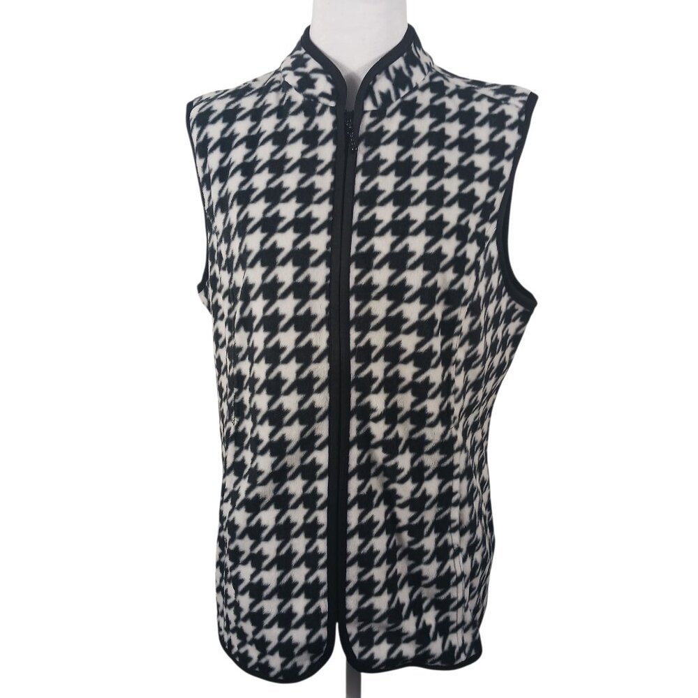 Susan Graver Fleece Vest, Black/White Gingham Print W/ Black Trim, Size Medium